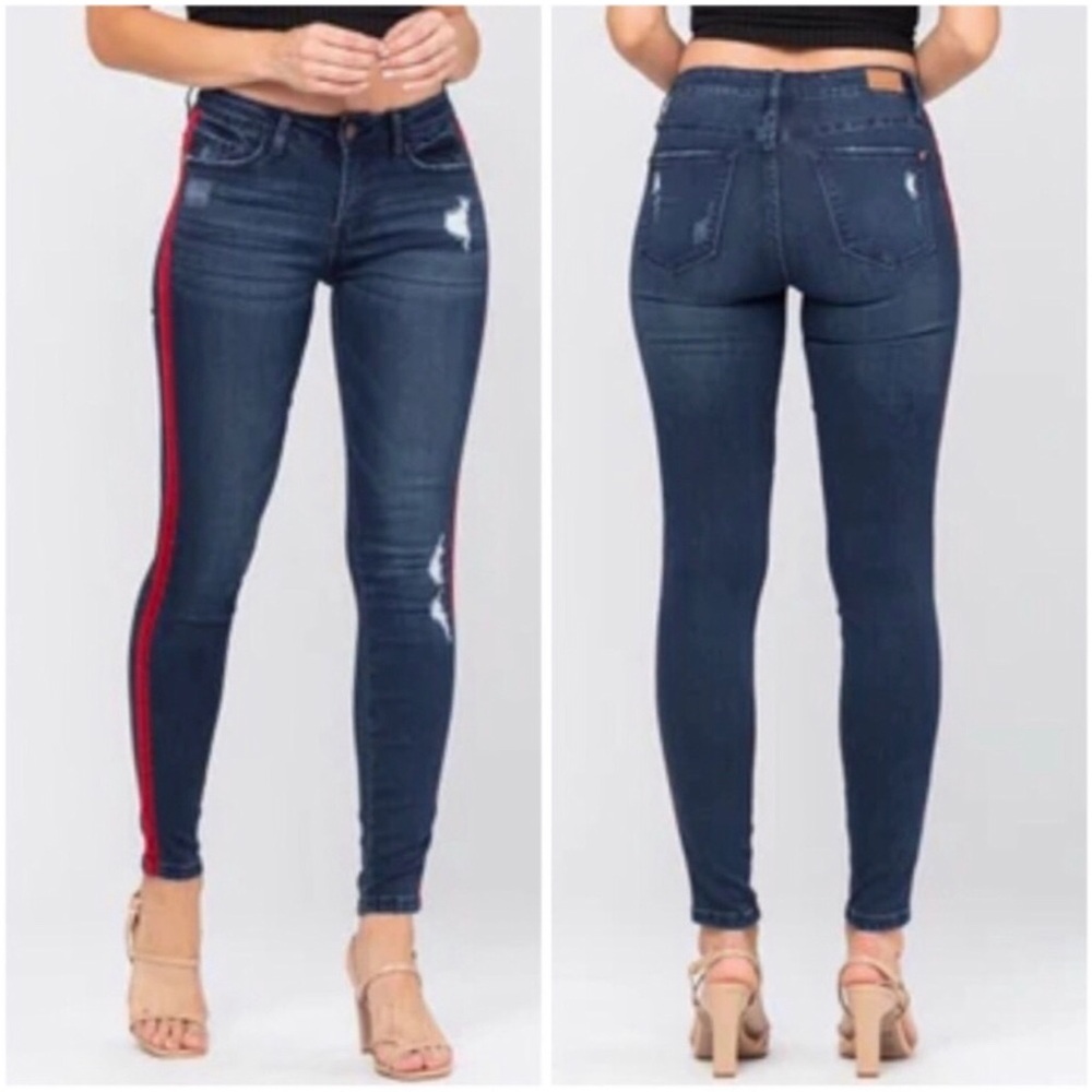 Judy Blue Red Velvet Stripe Skinny Jeans Size 5/27 Dark Wash Stretch Low Rise